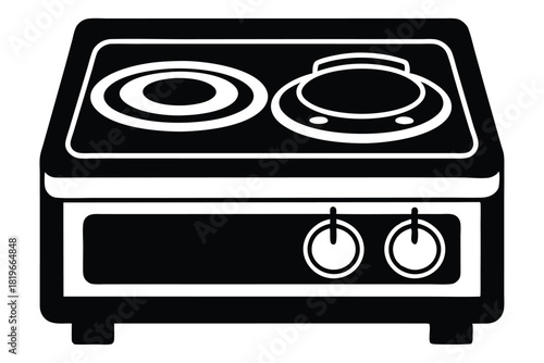 Black and white dual hob electric cooker icon with control knobs and two burners