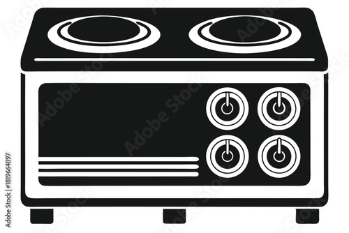 Isolated black and white stove icon displays four control knobs for heat adjustment