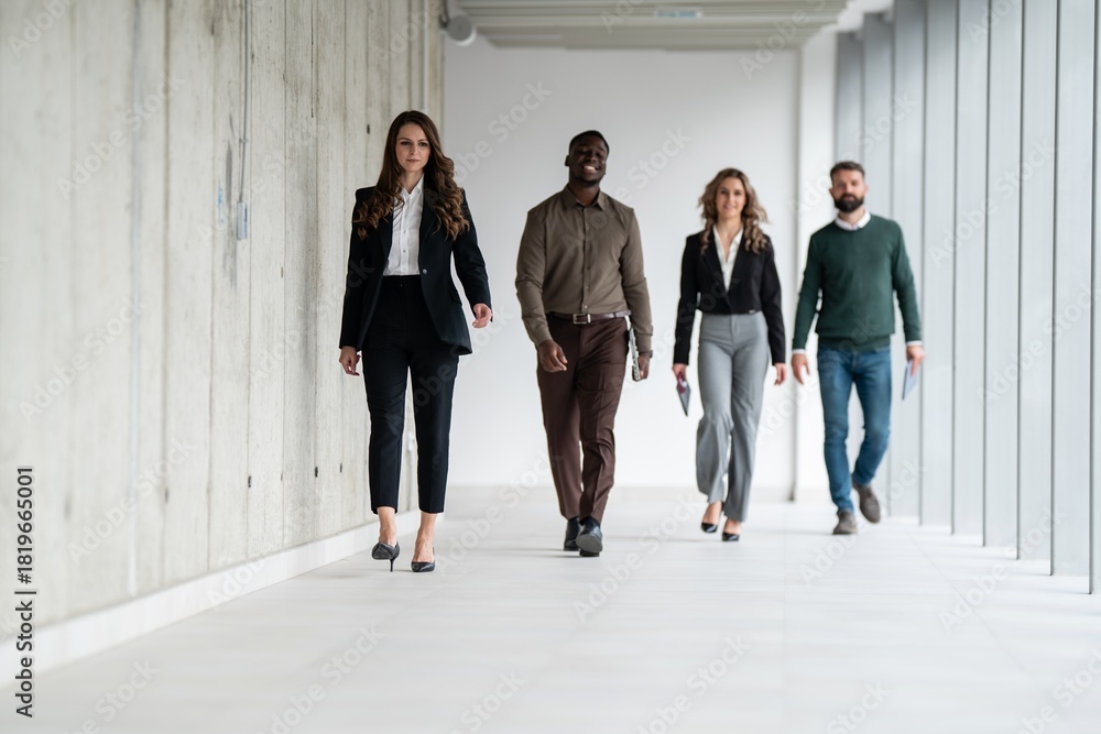 Fototapeta premium Business people team walking in modern office corridor
