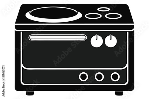 Black and white depicts a stove with round control knobs and burners