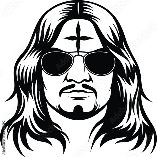 Bearded hipster with sunglasses and long hair sporting a cross in black and white