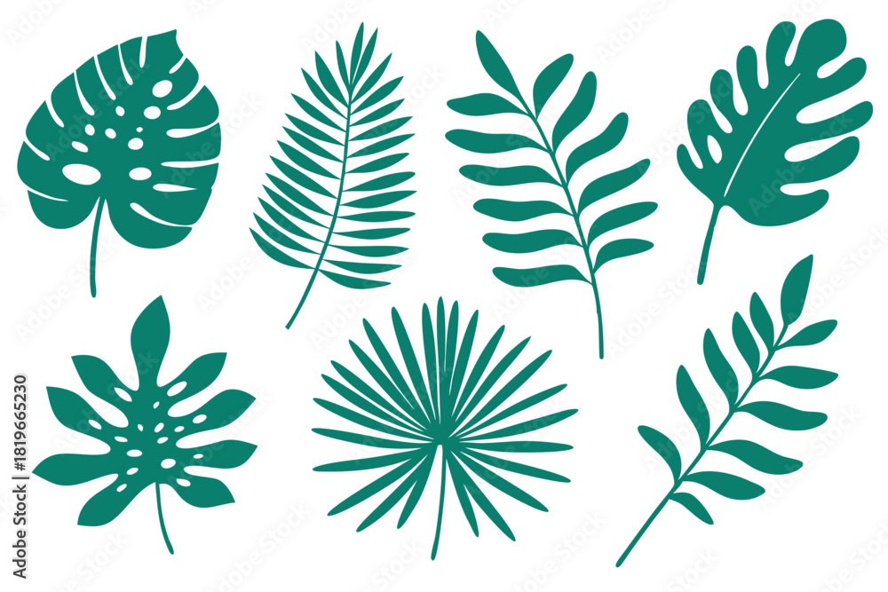 Fototapeta premium An arrangement of green tropical leaf silhouettes creates a vibrant botanical pattern on a white background