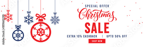 Christmas Sale banner with special offer text, cashback and discount percentages, and hanging red and blue snowflake ornaments and baubles. Ideal for seasonal marketing, holiday shopping, and web head
