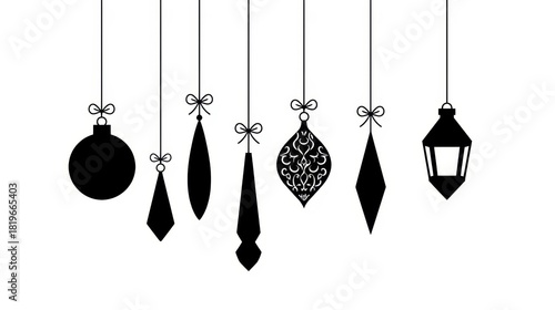 Hanging black silhouette of different Christmas ornaments on a white background.