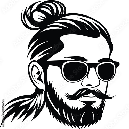 Bearded man portrait with top bun hairstyle and sunglasses in black and white