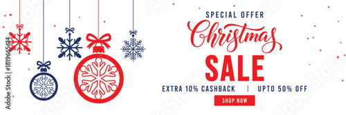 Christmas Sale banner with special offer text, cashback and discount percentages, and hanging red and blue snowflake ornaments and baubles. Ideal for seasonal marketing, holiday shopping, and web head