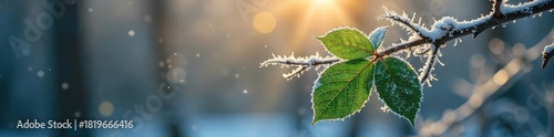 Crisp, frost-covered leaves clinging to a bare branch in the depths of winter  Sunlight catches the icy crystals, highlighting intricate leaf veins ,  serenity,  cold weather,  leaf texture