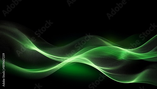 abstract green wave particle flow on black background