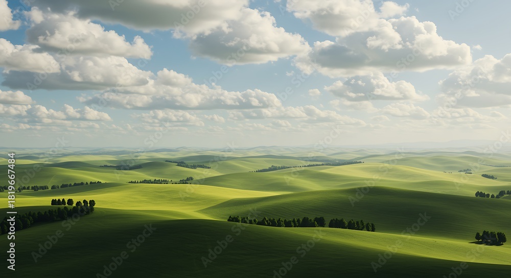 Fototapeta premium Rolling Green Hills Under a Blue Sky with Clouds a Serene Landscape