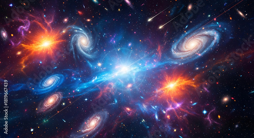 Interstellar collision of galaxies and nebulae with bright starbursts and comets space cosmos