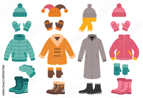 Winter Clothes And Cold Weather Accessories Featuring Knitted Hats, Scarves, Mittens, And Woolen Socks Isolated On White Background In A Cozy Seasonal Vector Illustration Style For Holiday Designs