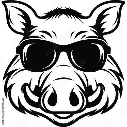 Boar head sporting sunglasses showing tusks, rendered in black and white, stands boldly
