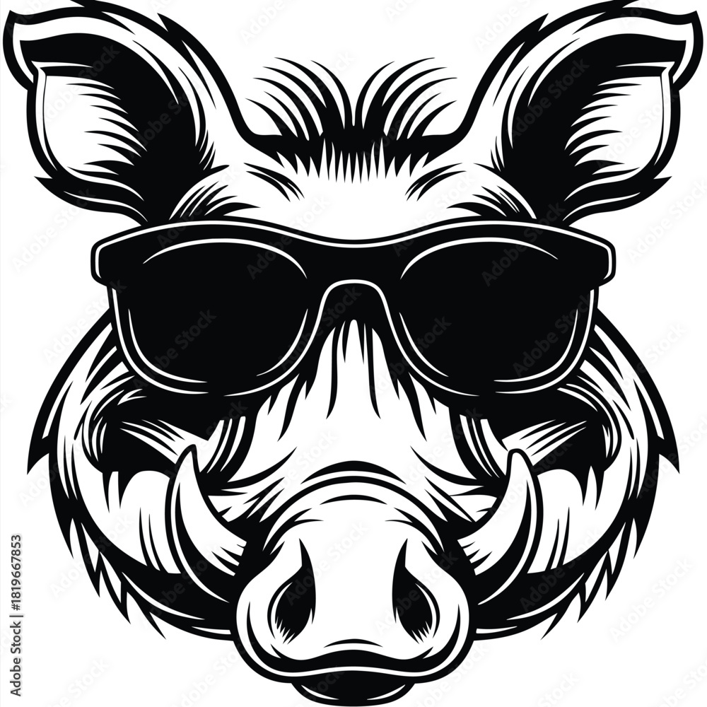 Obraz premium Cool boar head wearing sunglasses showcases bold black and white art