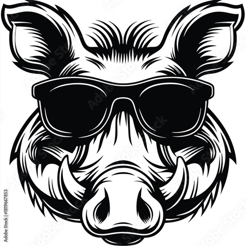 Cool boar head wearing sunglasses showcases bold black and white art