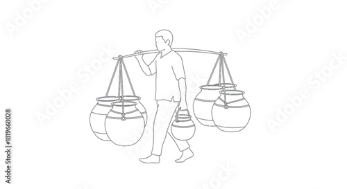 A simple line drawing depicts a man carrying water pots on a yoke