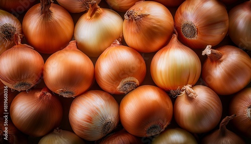 close up pile of brown yellow onions with papery skins stacked tightly as fresh produce