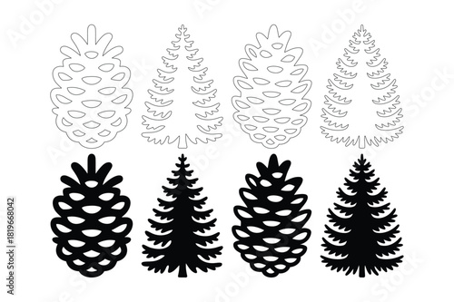 Collection of stylized pinecones and evergreen trees in silhouette and outline