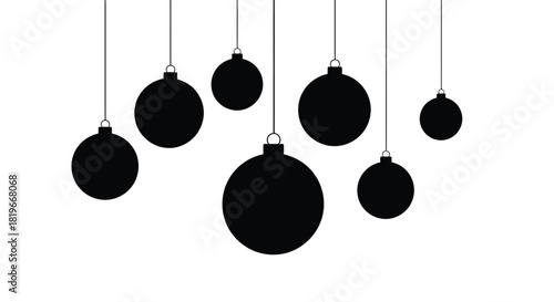 Minimalist illustration of black christmas ornaments hanging from invisible strings