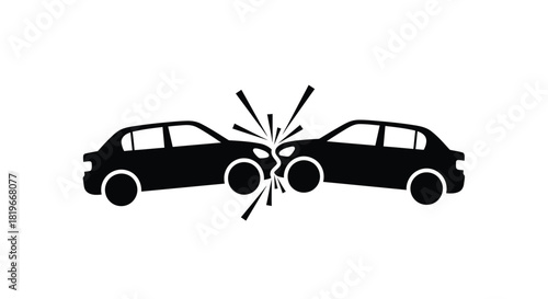Black silhouette illustration depicts a head on car collision with impact sparks