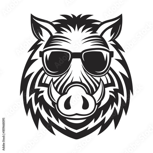 Boar's intense gaze is highlighted by cool sunglasses, creating a bold, memorable image