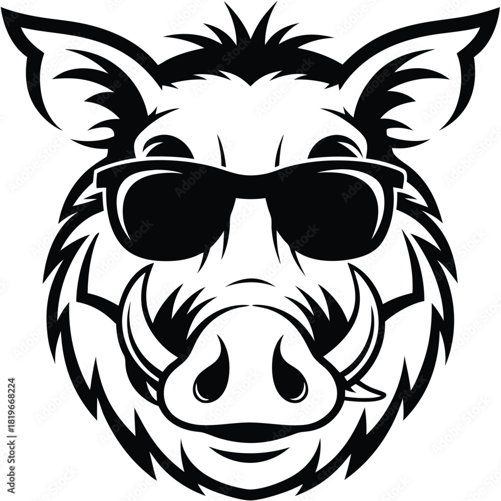 Obraz premium Bold black and white features a cool boar wearing sunglasses with tusks