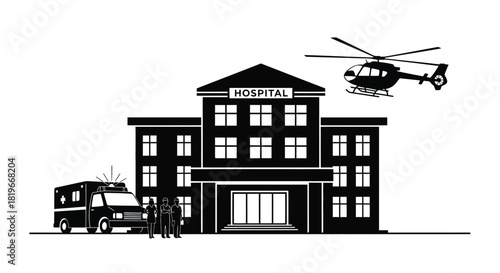 A hospital building with helicopter ambulance and medical personnel illustration