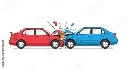 Cartoon illustration depicts a head on collision between a red and blue sedan