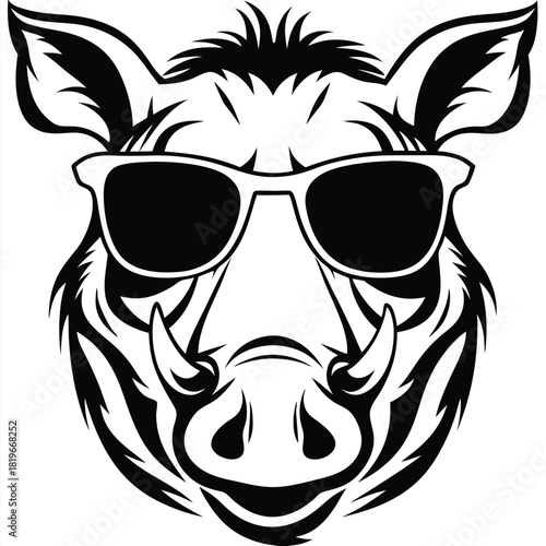 Isolated boar head wearing sunglasses showcases a cool, stylized black and white outline