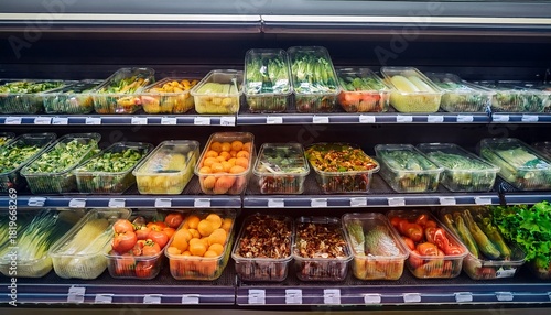 fresh produce in plastic containers on supermarket shelves