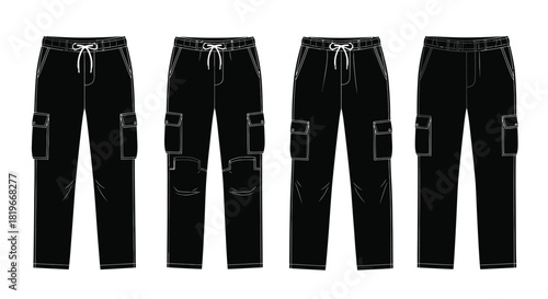 Four black cargo pants arranged in a row fashion technical drawing