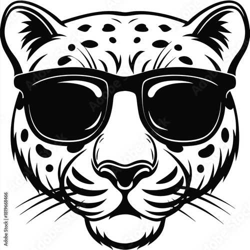 Leopard head wearing sunglasses displays a bold and fashionable statement against a white background