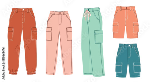 Fashion illustration of various styles of colorful high waisted pants and shorts