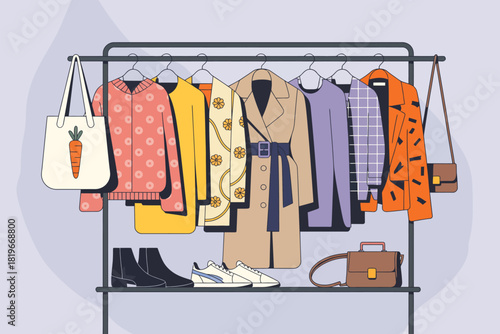Women's Capsule Wardrobe Collection On Racks, Flat Vector Illustration Of Modern Autumn Winter Clothes, Shoes, And Accessories Hanging On Hanger Rail For Fashion Design.