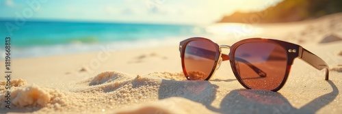 Relaxing beach scene with stylish sunglasses left on the sand, sun reflecting on the lenses, tranquil ocean in the background  Perfect for summer, vacation, and travel themes , light, glare, warmth