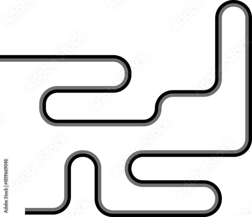 Dual-tone lines combine maze routing with zigzag movements arranged inside a squared path framework with soft curves.