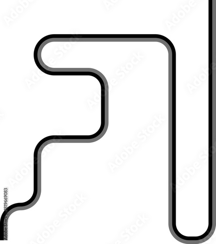 Two colored lines follow an irregular squared arrangement with alternating curved movements and geometric intersections.