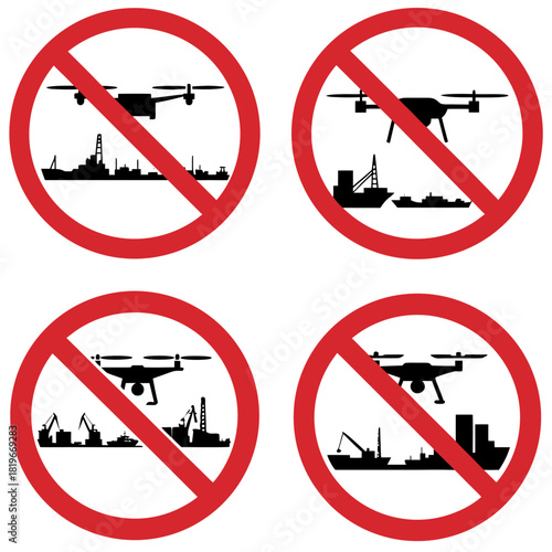 Set of prohibition signs indicating no drone use in marine ports
