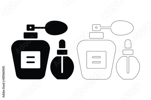 Elegant perfume bottles and dropper icons representing fragrance and beauty products
