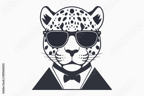 Confident leopard cartoon wears sunglasses and a tuxedo, exuding stylish elegance for formal occasions