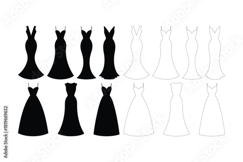 Elegant black and white silhouettes of formal evening gowns and wedding dresses