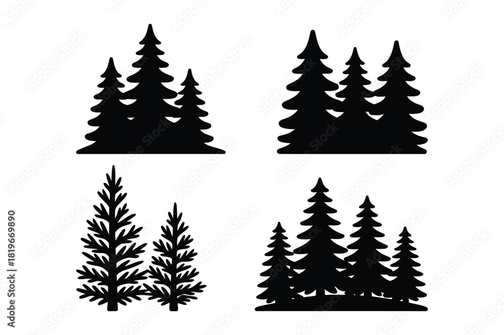 Obraz premium Collection of silhouette evergreen trees in various forest groupings