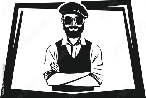 Confident man wearing a beret and sunglasses stands with folded arms inside a geometric frame