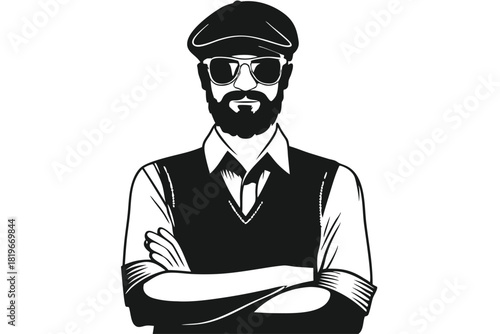 Man with a cap and beard in black and white poses with folded arms