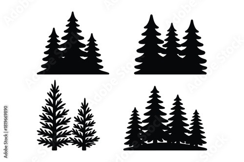 Collection of silhouette evergreen trees in various forest groupings