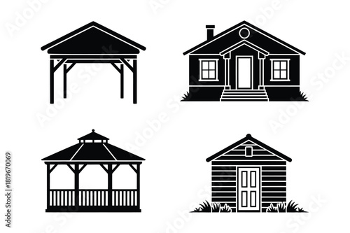 Collection of black and white silhouettes of outdoor structures including a house and gazebo