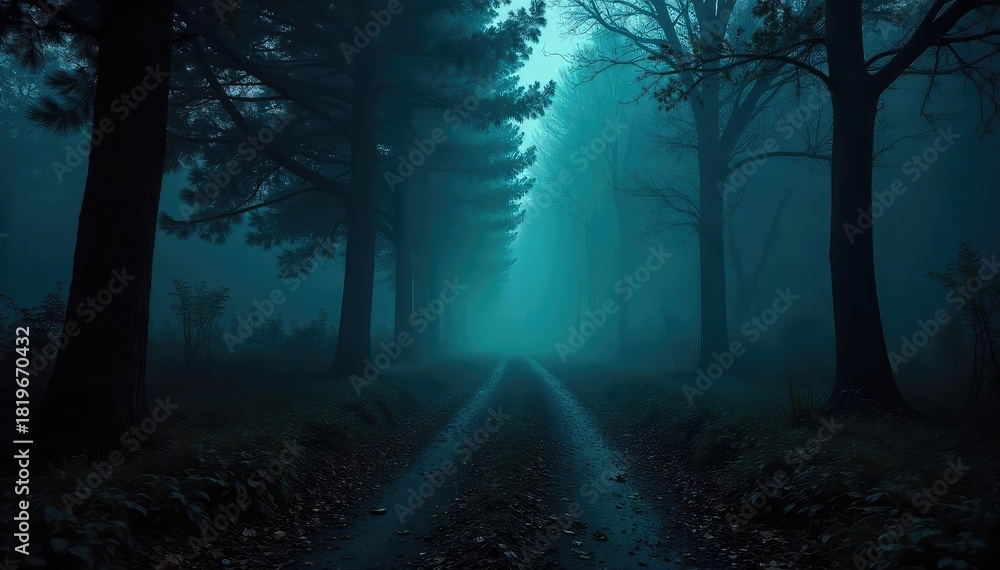 Naklejka premium A dimly lit, eerie forest path at night, shrouded in mist and ominous shadows, creating a suspenseful and unsettling atmosphere perfect for horror or thriller projects , eerie, shadows