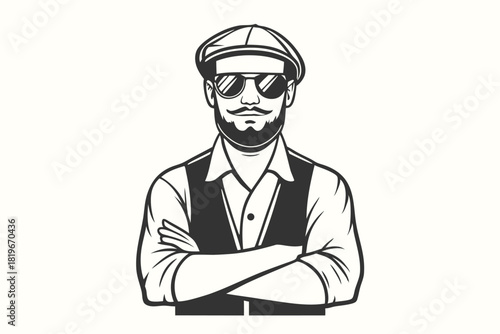 Confident man with a beard and cap stands with crossed arms, showcasing vintage style