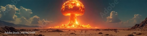 A mushroom cloud rises from a desolate landscape, the aftermath of a nuclear detonation The image depicts destruction and the devastating power of nuclear weapons , hazard, disaster, destruction