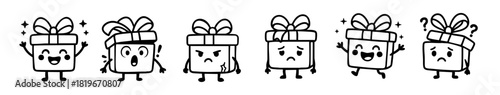 Row of Cartoon Gift Box Characters Showing Various Facial Expressions