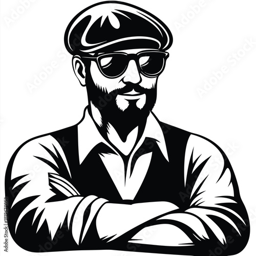 Confident man with beard and sunglasses stands with folded arms in monochrome style